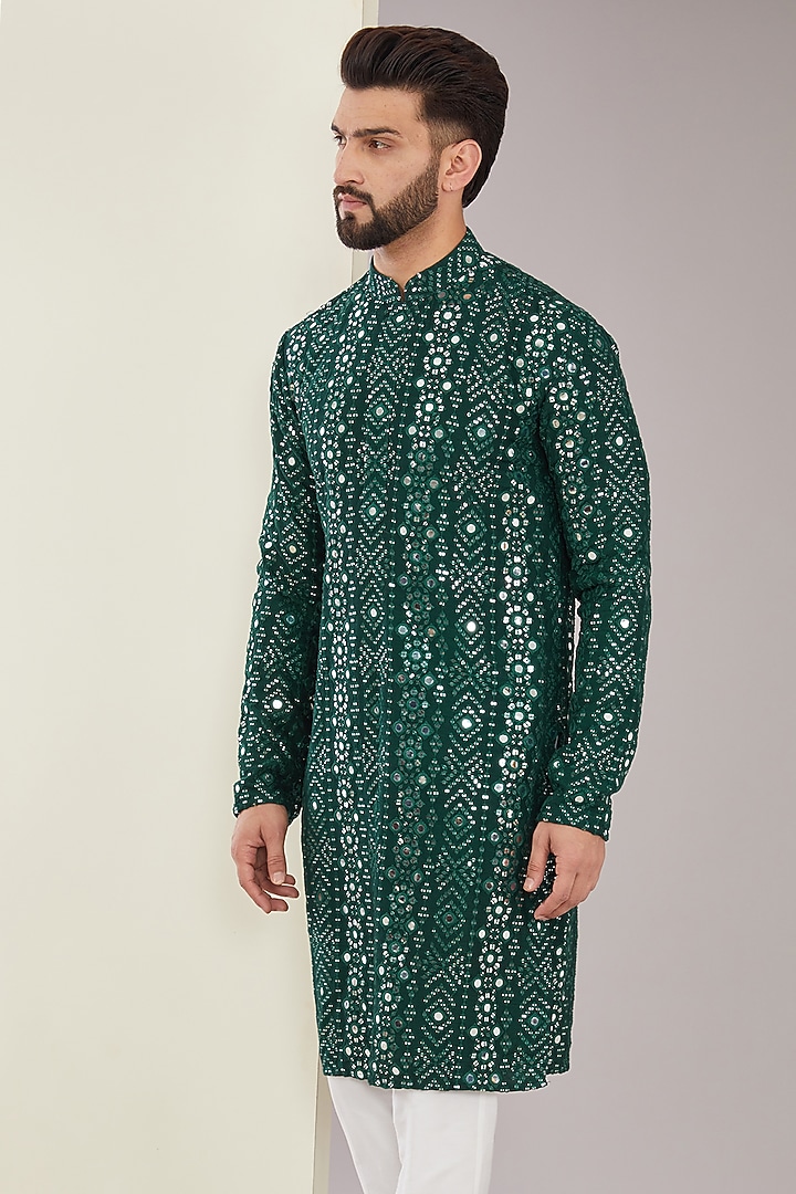 Bottle Green Silk Mirror Work Kurta by Kasbah Clothing at Pernia's Pop Up Shop