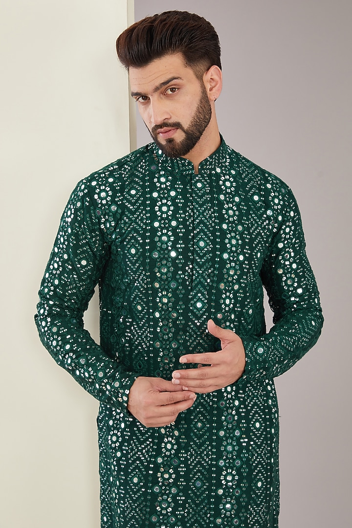 Bottle Green Silk Mirror Work Kurta by Kasbah Clothing at Pernia's Pop Up Shop
