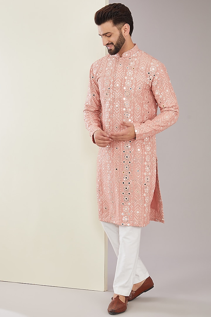 Peach Silk Foil Work Kurta by Kasbah Clothing at Pernia's Pop Up Shop
