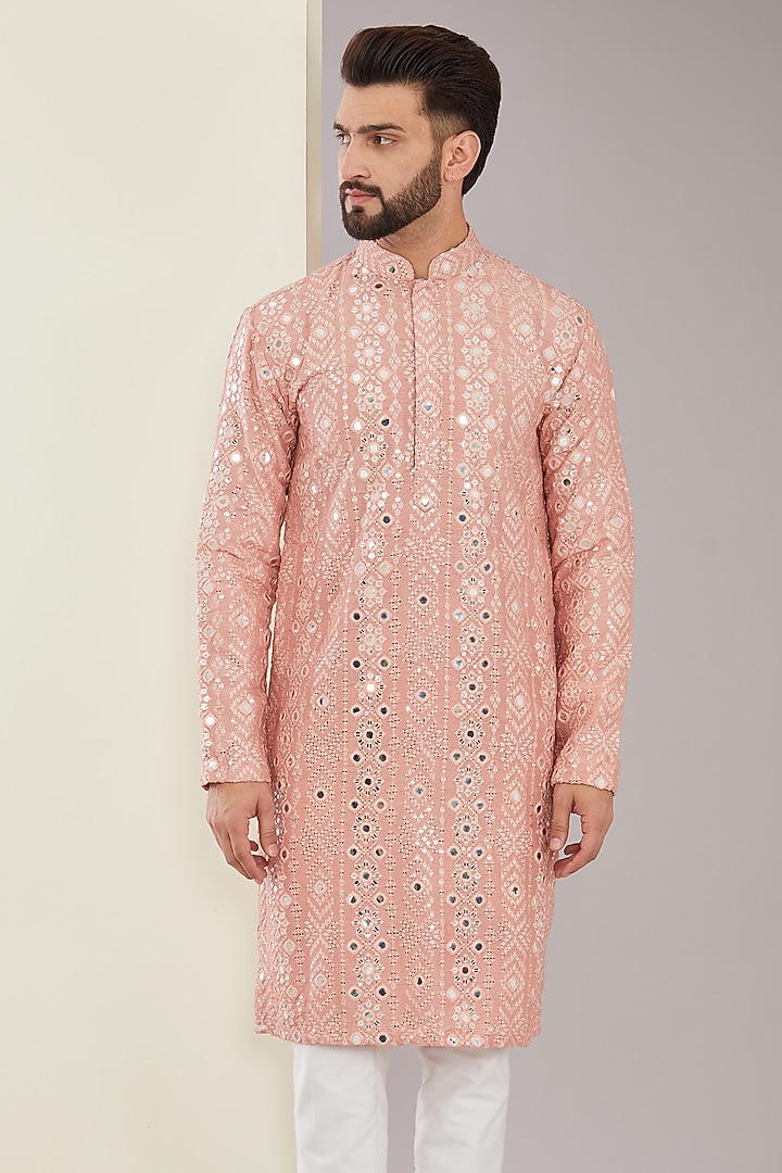 Peach Silk Foil Work Kurta by Kasbah Clothing at Pernia's Pop Up Shop