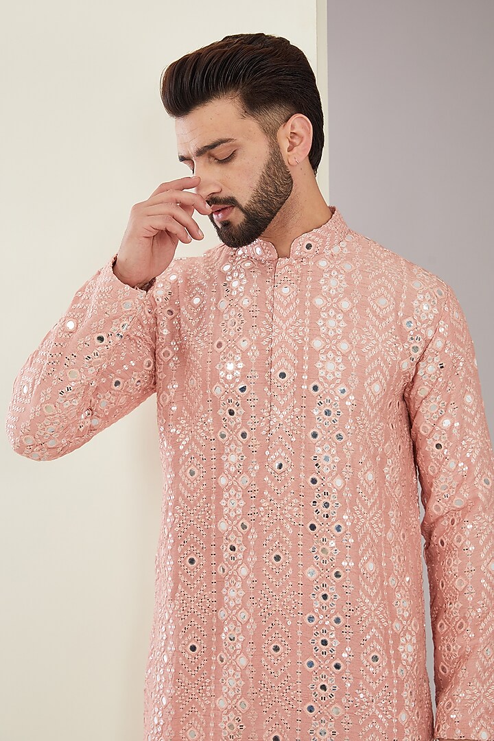 Peach Silk Foil Work Kurta by Kasbah Clothing at Pernia's Pop Up Shop