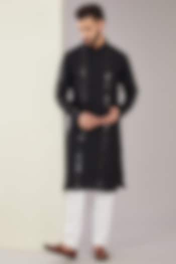 Black Silk Sequins Embroidered Kurta by Kasbah Clothing