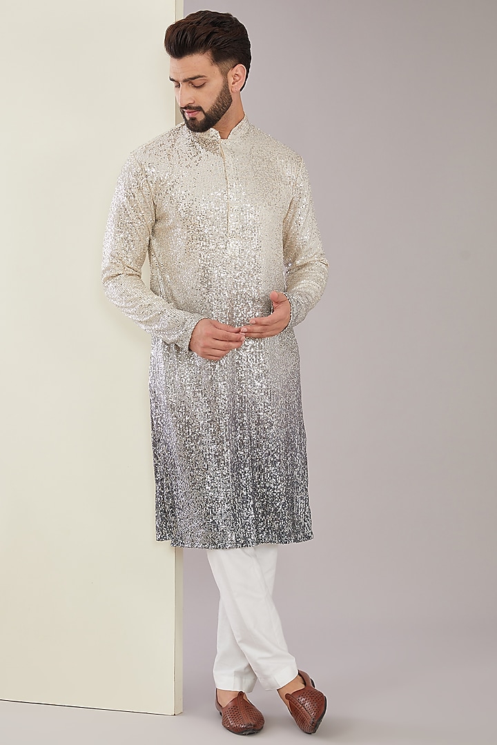 Grey Shaded Ombre Poly Sequins Embroidered Kurta by Kasbah Clothing