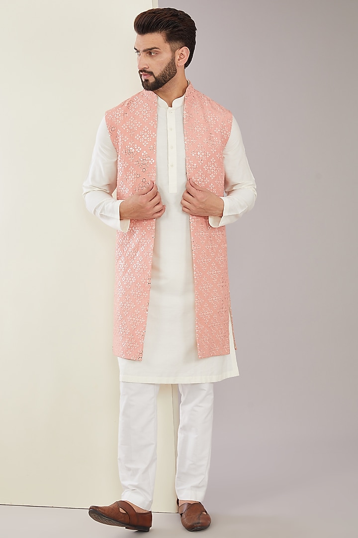Peach Silk Sequins Embroidered Indo-Western Jacket by Kasbah Clothing at Pernia's Pop Up Shop