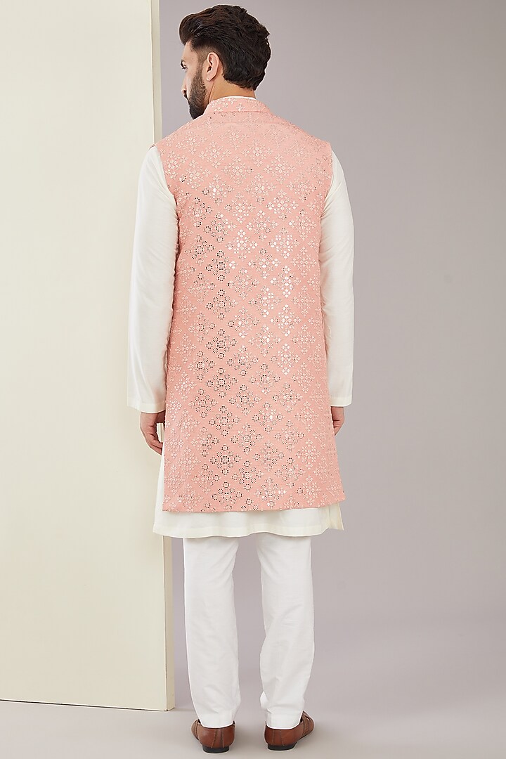 Peach Silk Sequins Embroidered Indo-Western Jacket by Kasbah Clothing at Pernia's Pop Up Shop