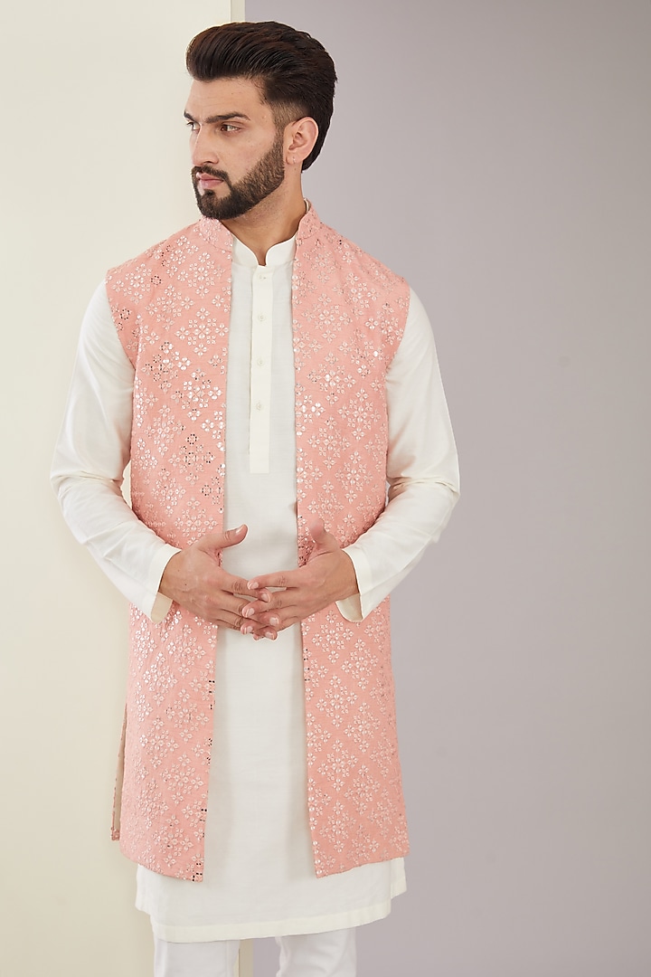Peach Silk Sequins Embroidered Indo-Western Jacket by Kasbah Clothing at Pernia's Pop Up Shop