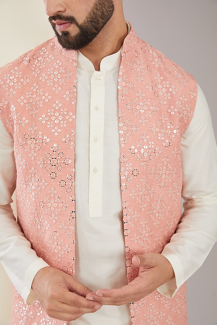 Peach Silk Sequins Embroidered Indo-Western Jacket by Kasbah Clothing at Pernia's Pop Up Shop