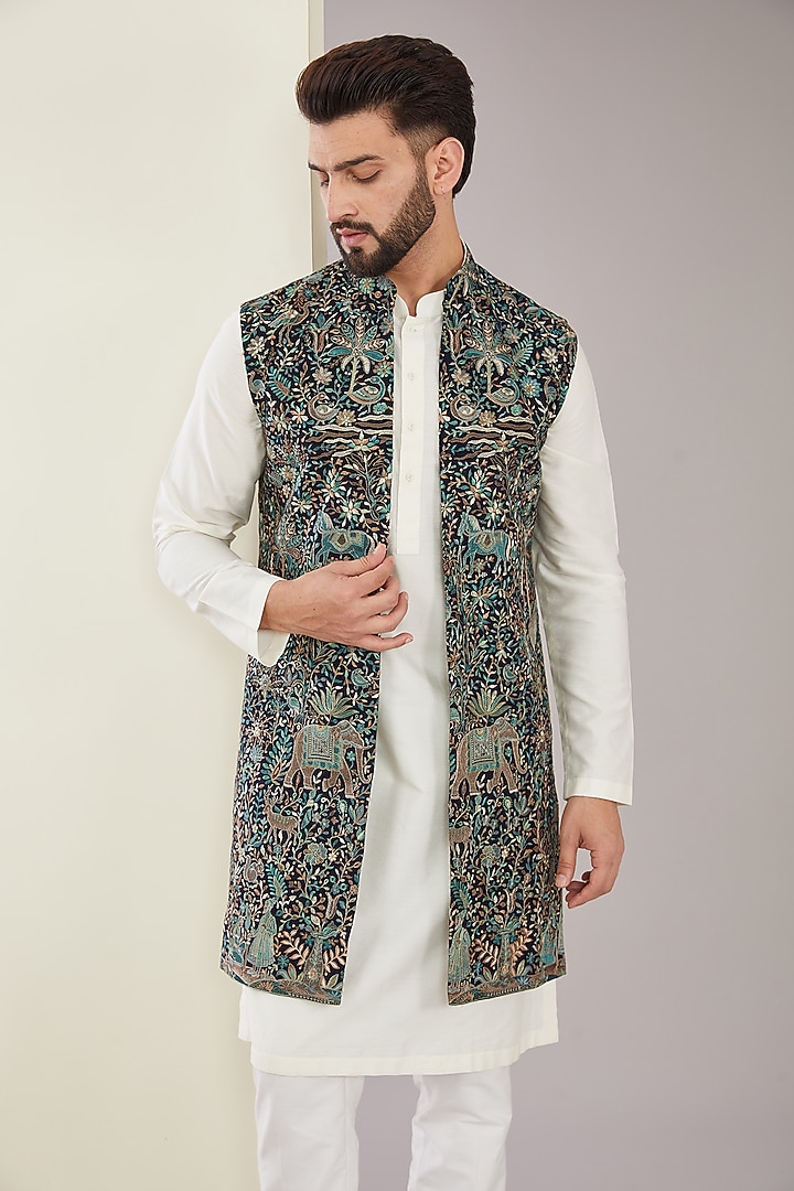 Black Georgette Kashmiri Thread Embroidered Indo-Western Jacket by Kasbah Clothing at Pernia's Pop Up Shop