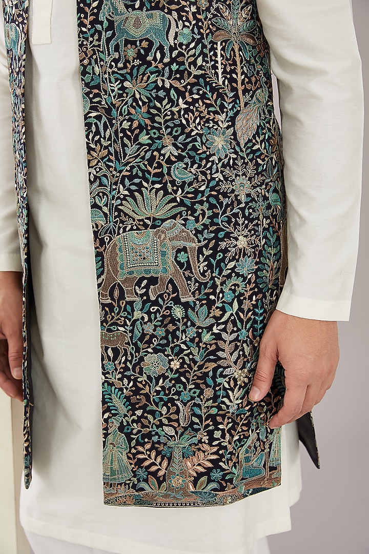 Black Georgette Kashmiri Thread Embroidered Indo-Western Jacket by Kasbah Clothing at Pernia's Pop Up Shop