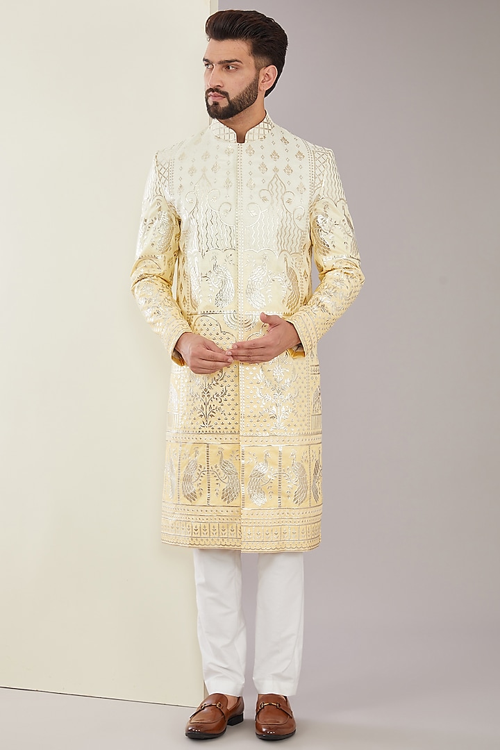 Yellow Chanderi Silk Floral Applique Embroidered Sherwani by Kasbah Clothing