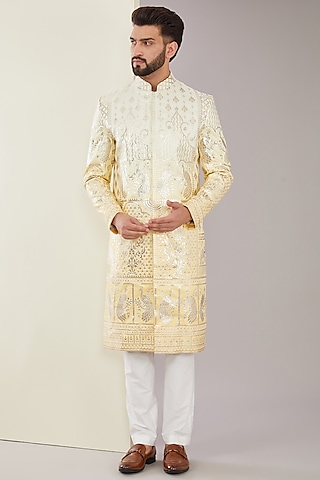 Yellow Chanderi Silk Floral Applique Embroidered Sherwani by Kasbah Clothing