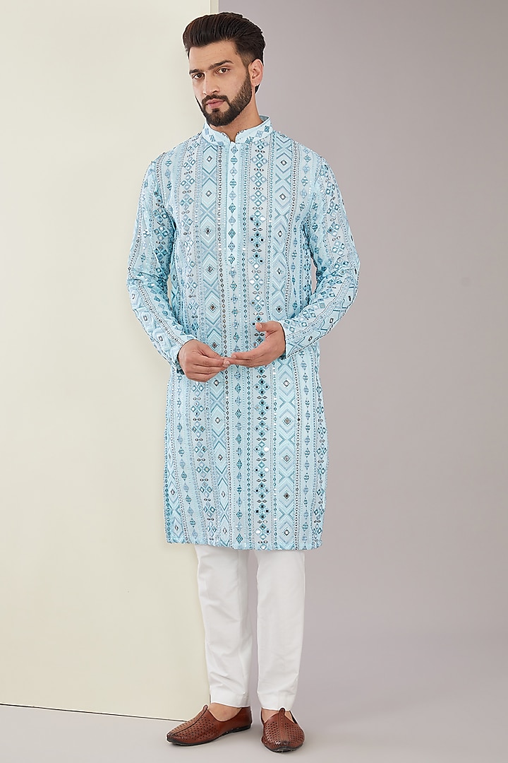 Blue Georgette Mirror Embroidered Kurta by Kasbah Clothing