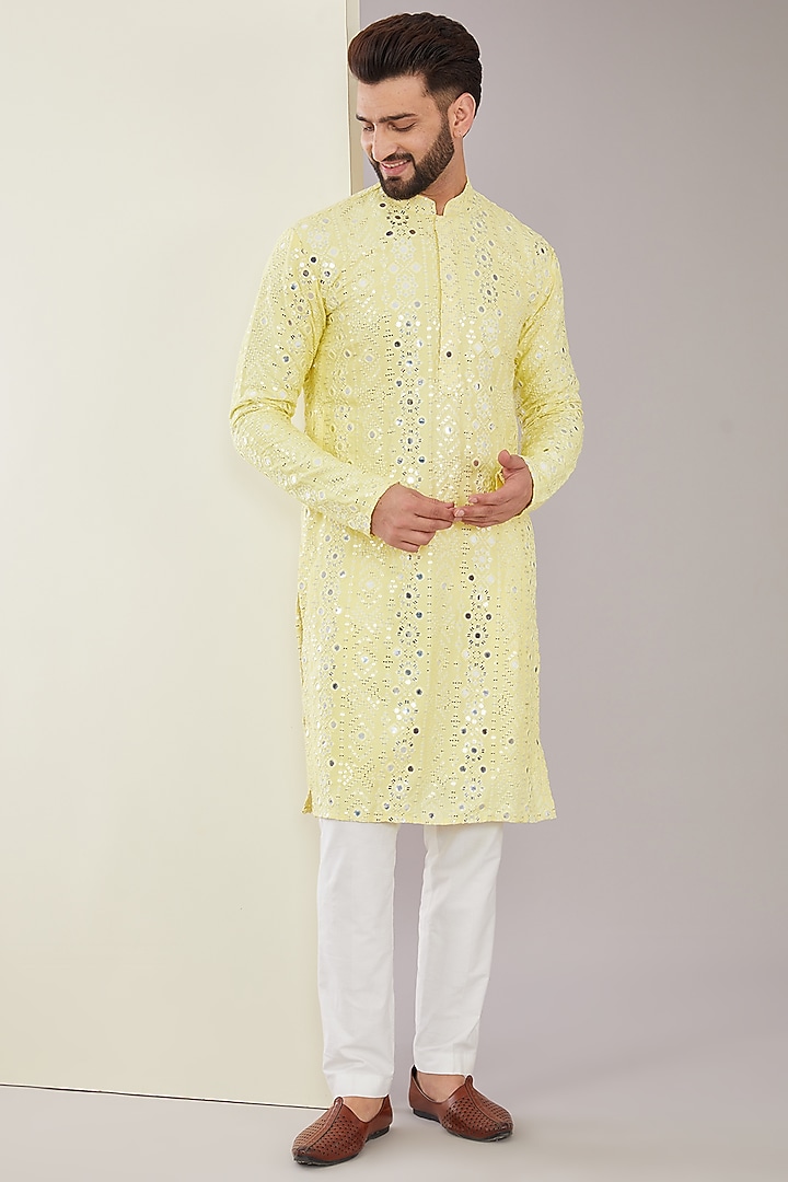 Yellow Silk Mirror Embroidered Kurta by Kasbah Clothing at Pernia's Pop Up Shop