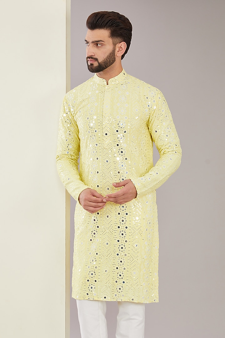 Yellow Silk Mirror Embroidered Kurta by Kasbah Clothing at Pernia's Pop Up Shop