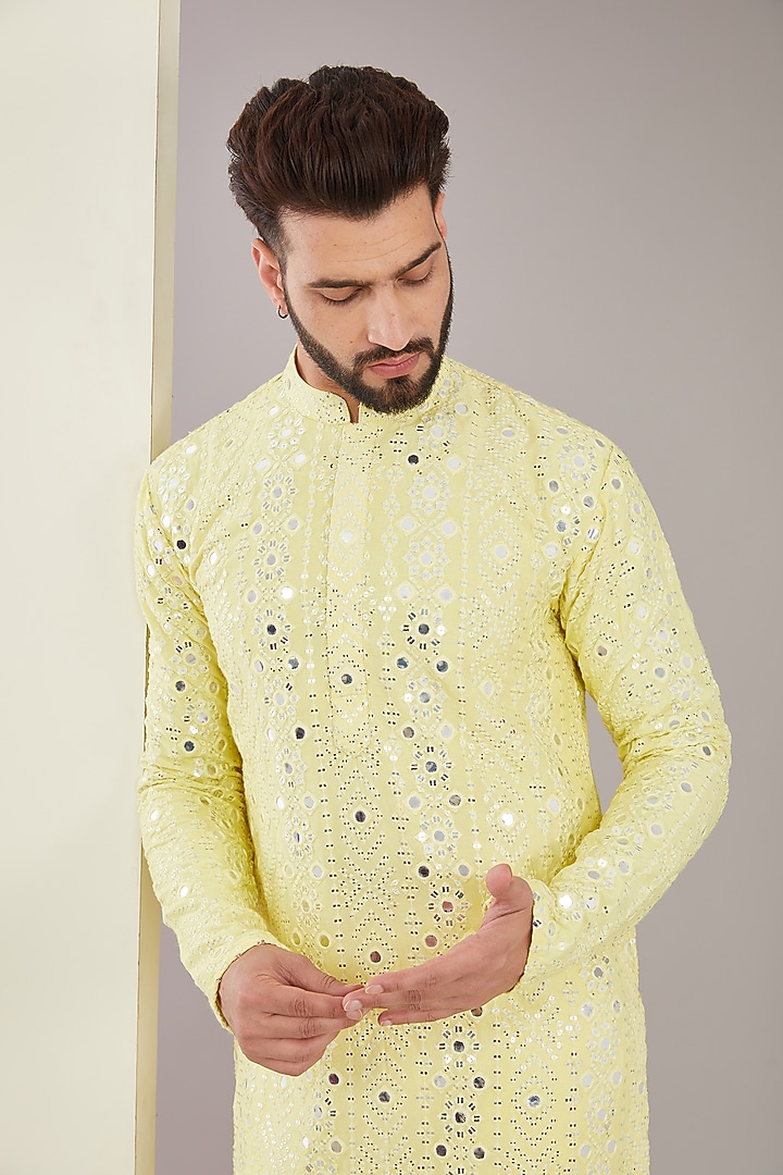 Yellow Silk Mirror Embroidered Kurta by Kasbah Clothing at Pernia's Pop Up Shop