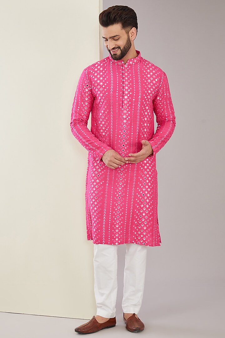 Hot Pink Silk Mirror Embroidered Kurta by Kasbah Clothing at Pernia's Pop Up Shop