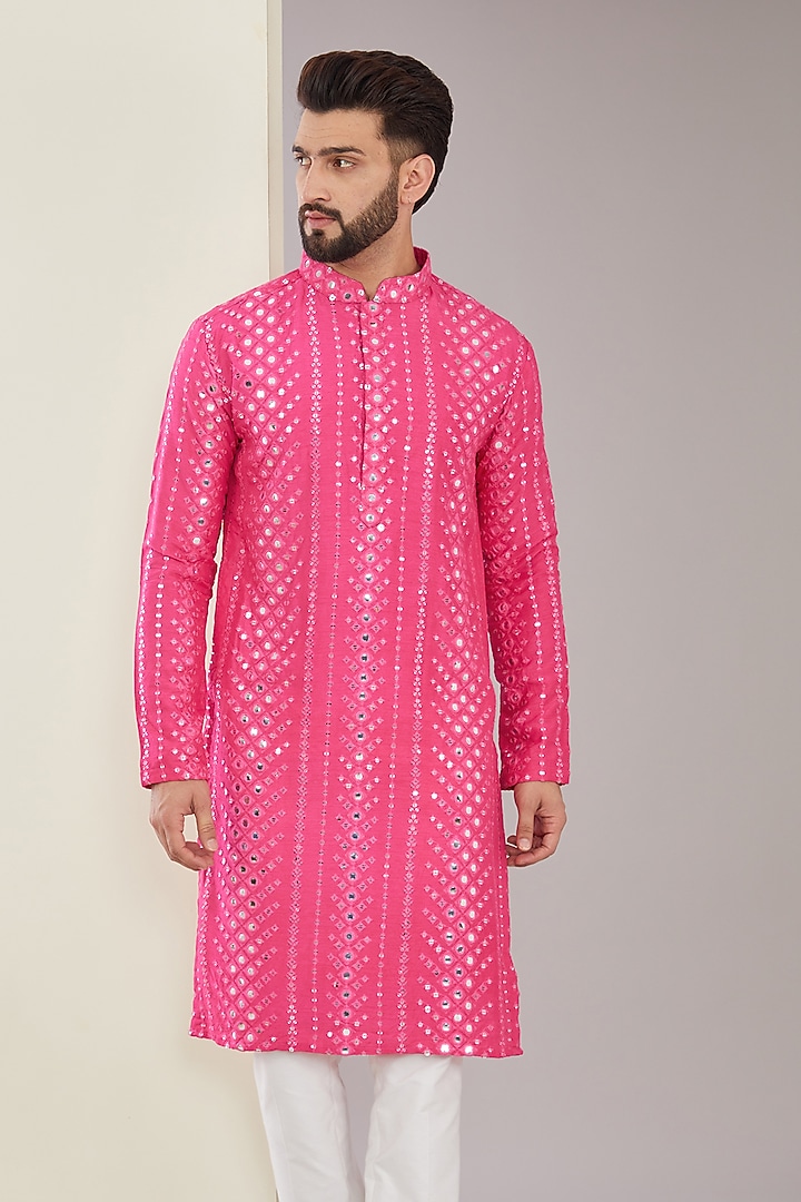 Hot Pink Silk Mirror Embroidered Kurta by Kasbah Clothing at Pernia's Pop Up Shop