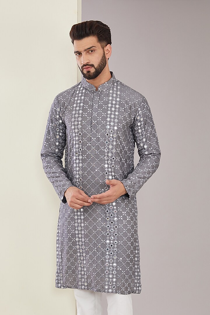 Metallic Grey Silk Sequins Work Kurta by Kasbah Clothing at Pernia's Pop Up Shop