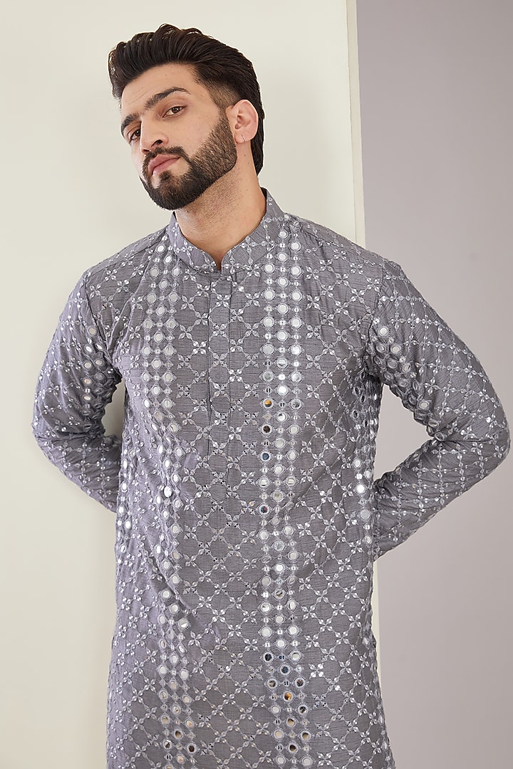Metallic Grey Silk Sequins Work Kurta by Kasbah Clothing at Pernia's Pop Up Shop
