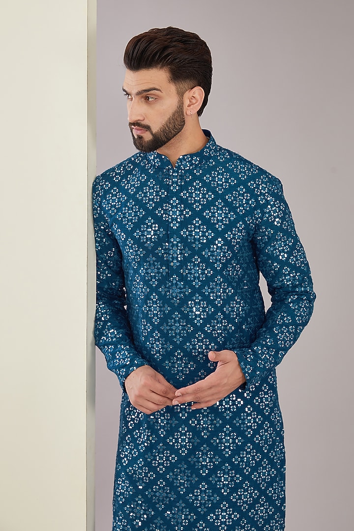 Royal Blue Silk Sequins Work Kurta by Kasbah Clothing at Pernia's Pop Up Shop