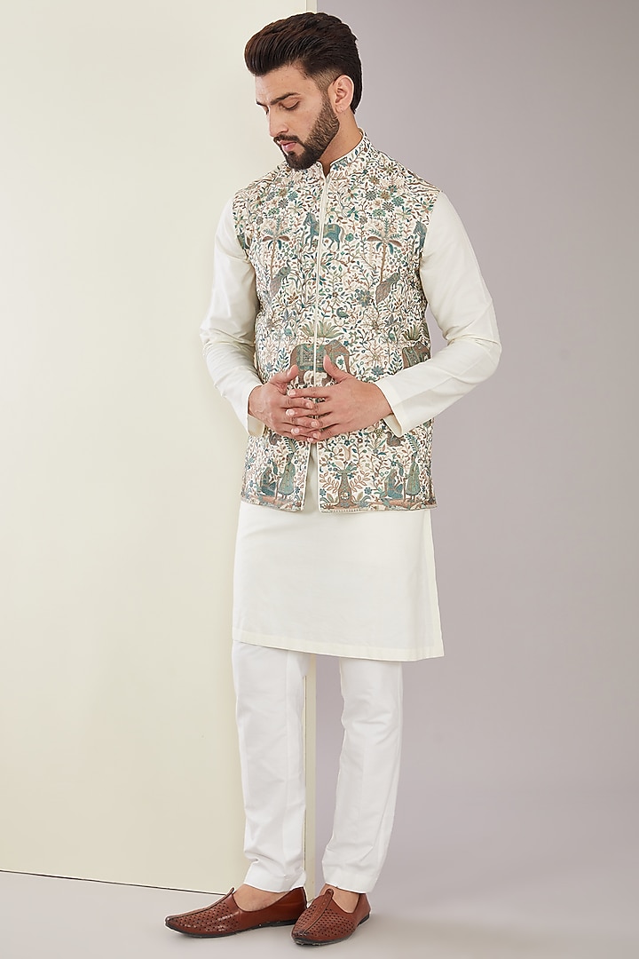 Multi-Colored Georgette Kashmiri Floral Embroidered Nehru Jacket by Kasbah Clothing at Pernia's Pop Up Shop
