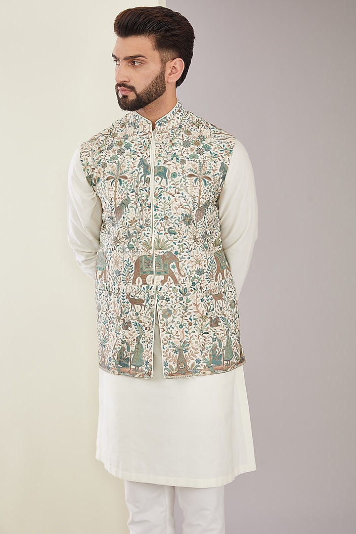 Multi-Colored Georgette Kashmiri Floral Embroidered Nehru Jacket by Kasbah Clothing at Pernia's Pop Up Shop