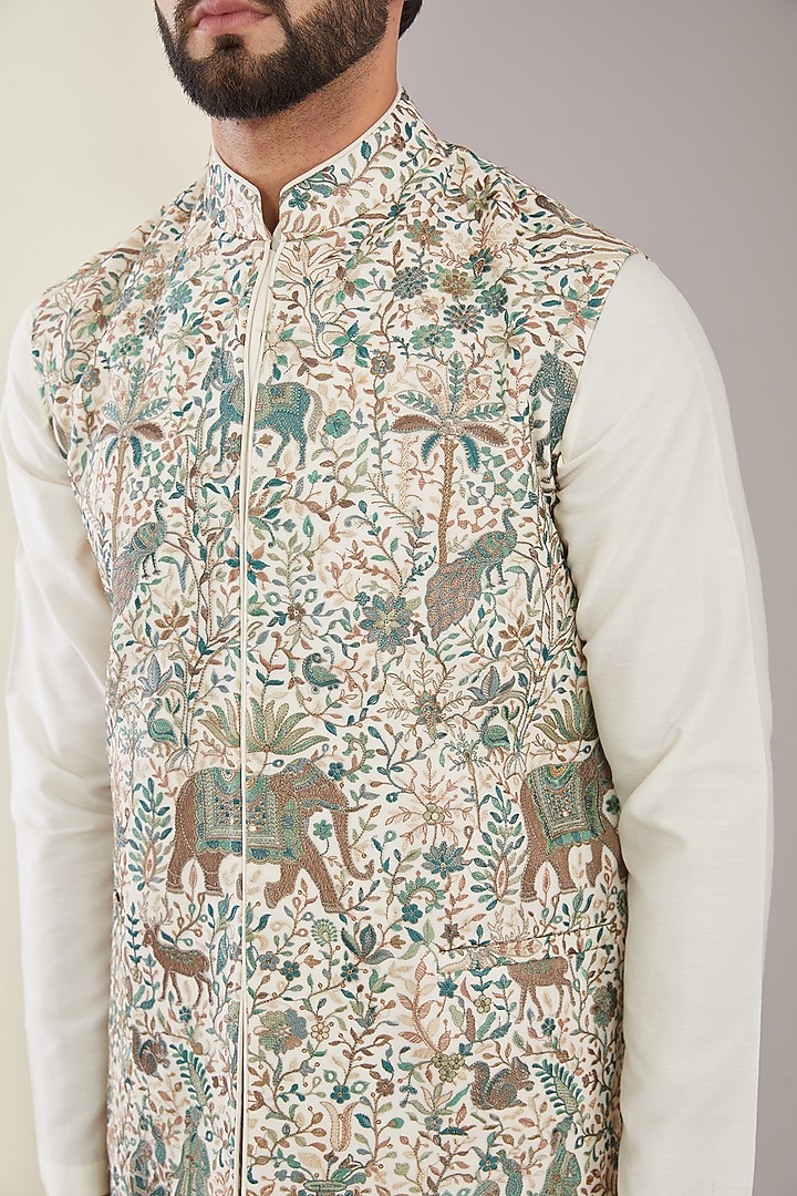 Multi-Colored Georgette Kashmiri Floral Embroidered Nehru Jacket by Kasbah Clothing at Pernia's Pop Up Shop