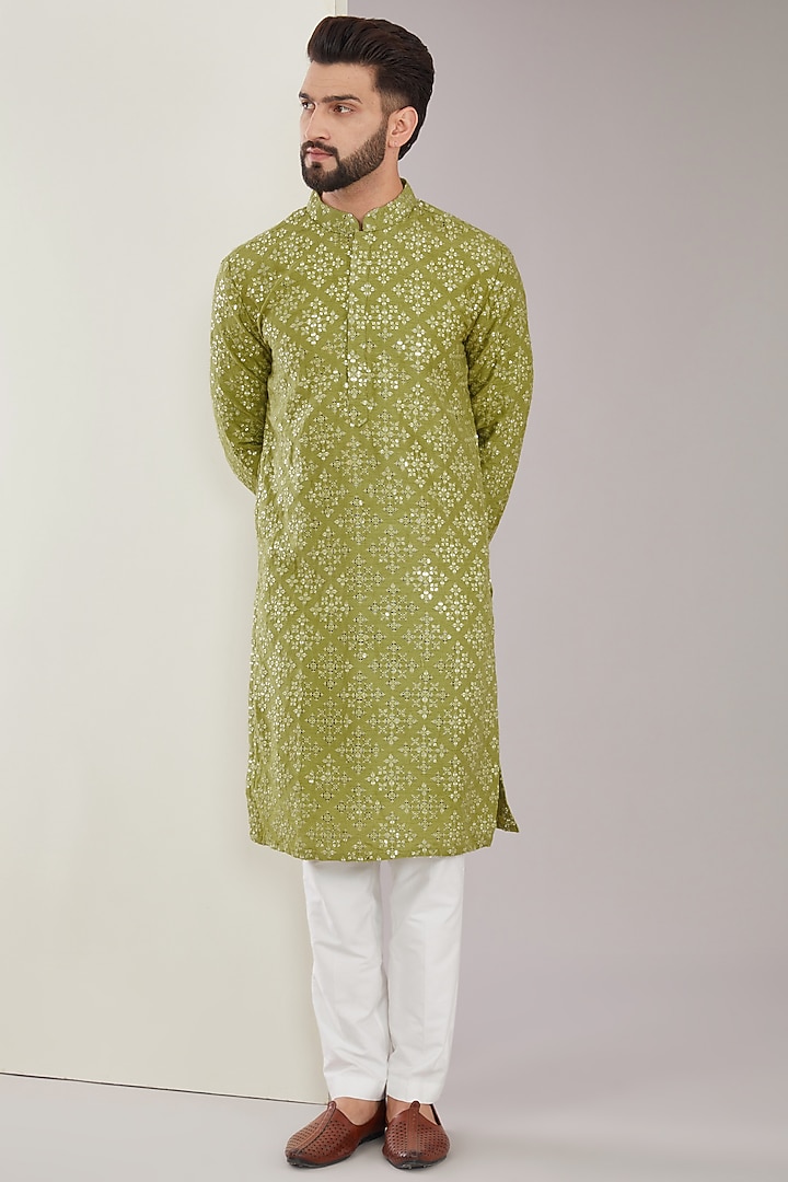 Mehendi Green Silk Mirror Embroidered Kurta by Kasbah Clothing at Pernia's Pop Up Shop