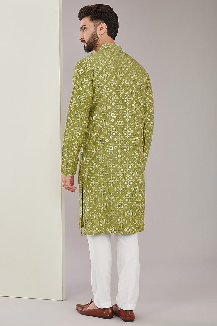 Mehendi Green Silk Mirror Embroidered Kurta by Kasbah Clothing at Pernia's Pop Up Shop