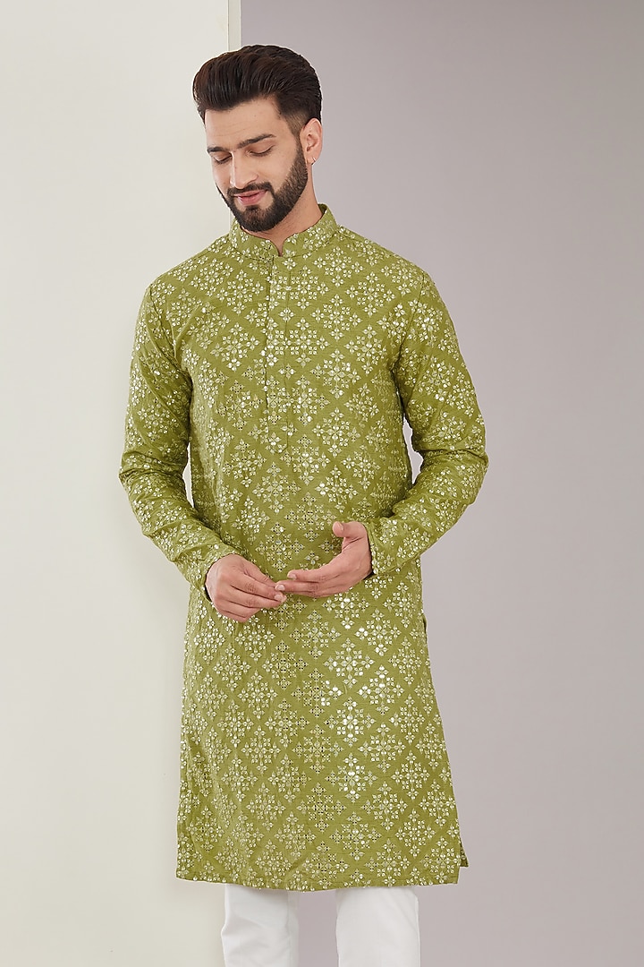 Mehendi Green Silk Mirror Embroidered Kurta by Kasbah Clothing at Pernia's Pop Up Shop