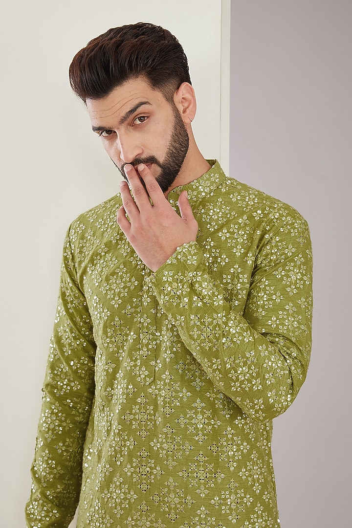 Mehendi Green Silk Mirror Embroidered Kurta by Kasbah Clothing at Pernia's Pop Up Shop
