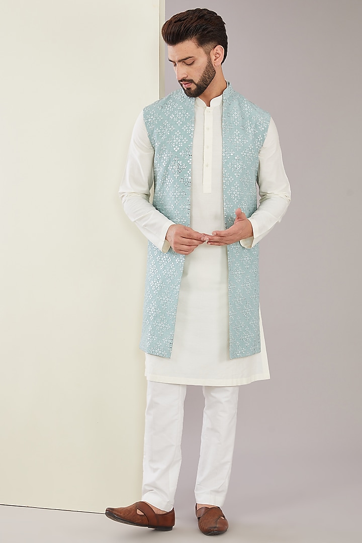 Pastel Blue Silk Mirror Embroidered Indo-Western Jacket by Kasbah Clothing