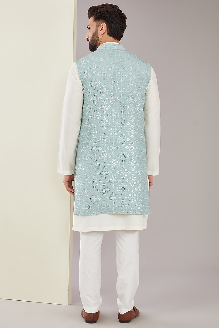 Pastel Blue Silk Mirror Embroidered Indo-Western Jacket by Kasbah Clothing at Pernia's Pop Up Shop