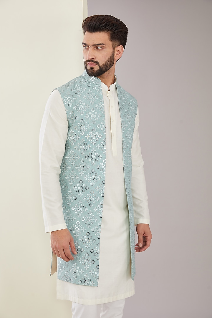 Pastel Blue Silk Mirror Embroidered Indo-Western Jacket by Kasbah Clothing at Pernia's Pop Up Shop
