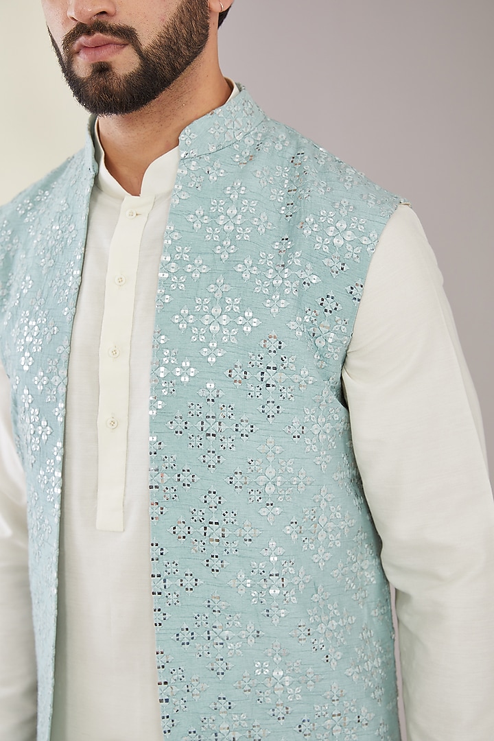 Pastel Blue Silk Mirror Embroidered Indo-Western Jacket by Kasbah Clothing at Pernia's Pop Up Shop