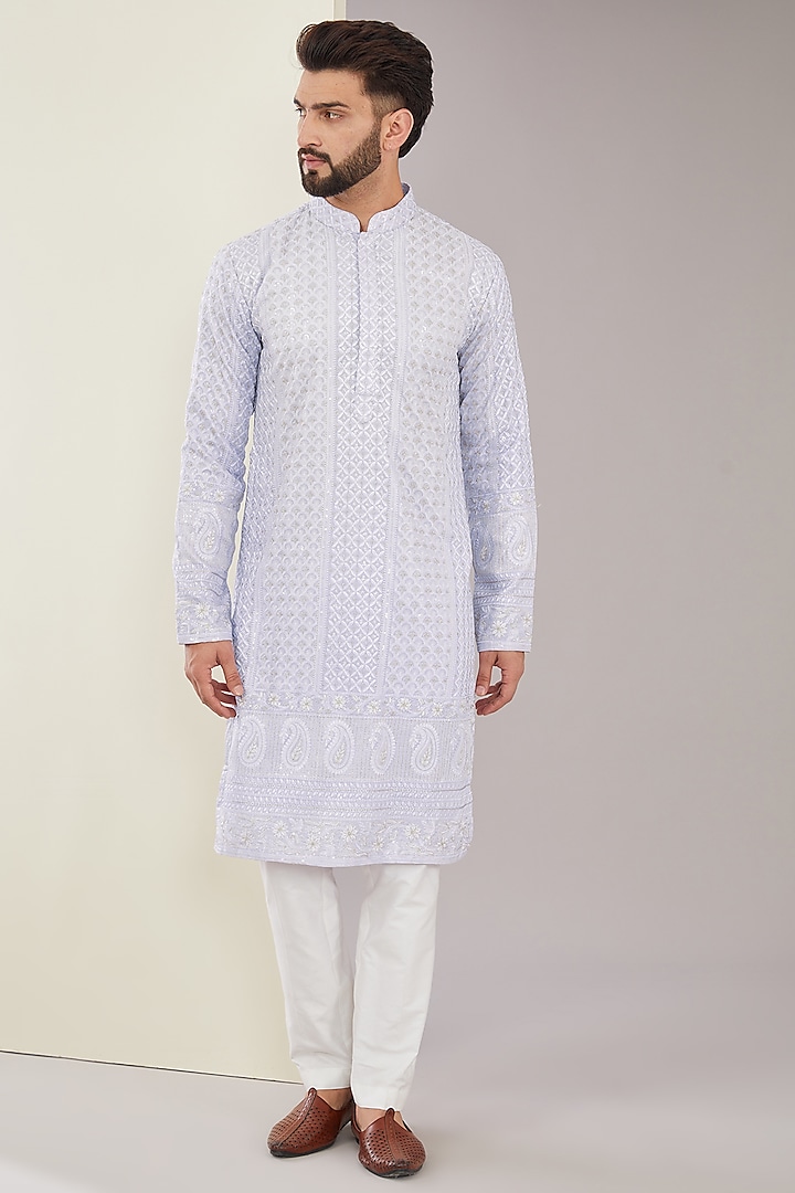 Purple Ombre Silk Sequins Embroidered Chikankari Kurta by Kasbah Clothing