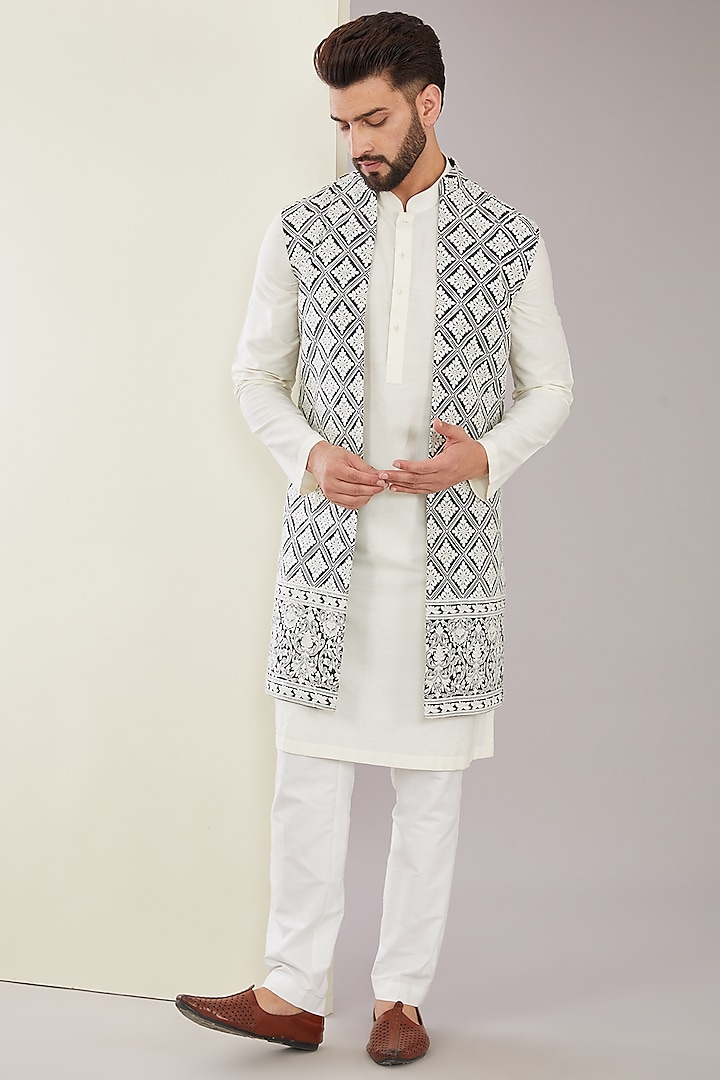 White Silk Thread Embroidered Indo-Western Jacket by Kasbah Clothing at Pernia's Pop Up Shop