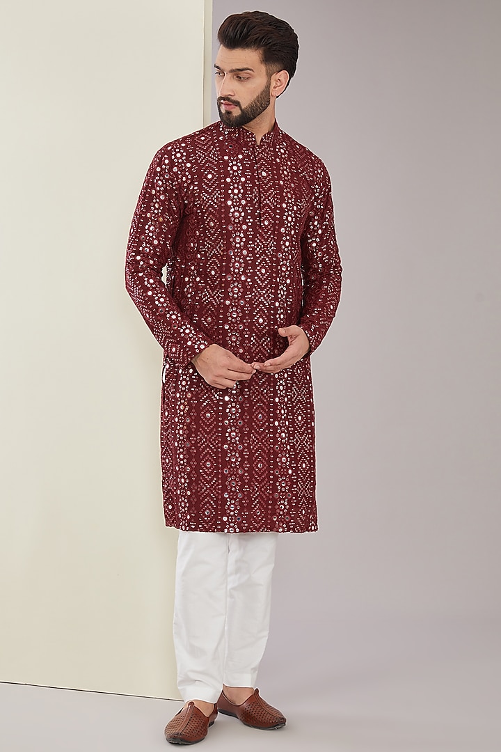 Maroon Silk Sequins Work Kurta by Kasbah Clothing at Pernia's Pop Up Shop