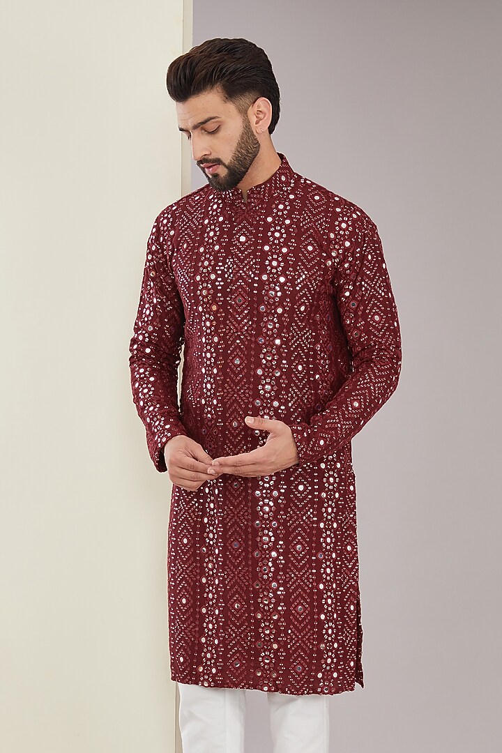 Maroon Silk Sequins Work Kurta by Kasbah Clothing at Pernia's Pop Up Shop