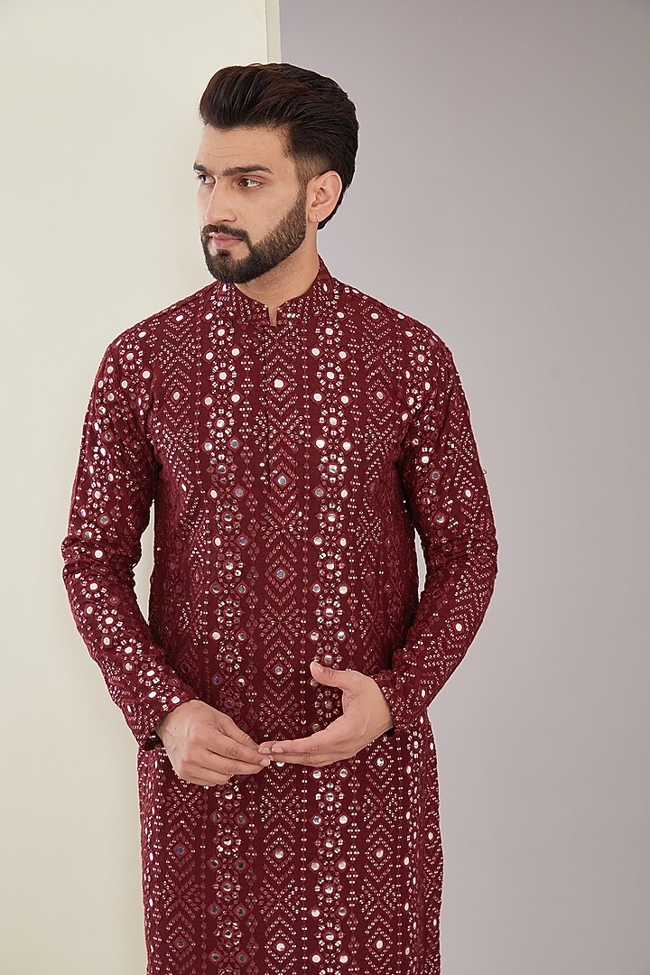 Maroon Silk Sequins Work Kurta by Kasbah Clothing at Pernia's Pop Up Shop