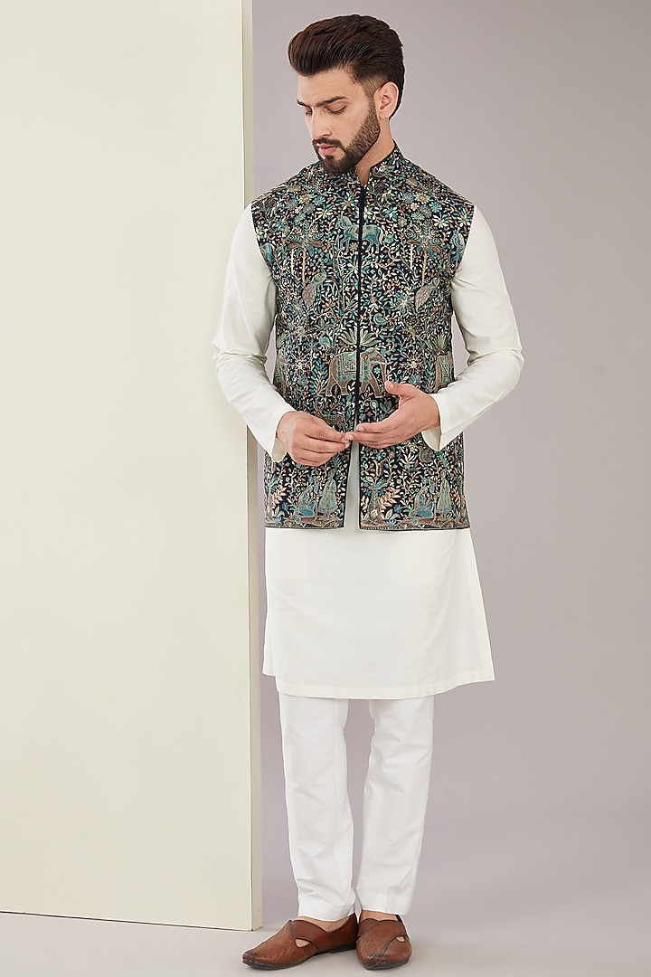 Multi-Colored Georgette Kashmiri Floral Embroidered Nehru Jacket by Kasbah Clothing at Pernia's Pop Up Shop
