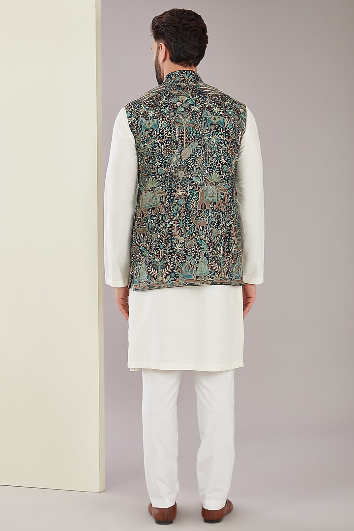 Multi-Colored Georgette Kashmiri Floral Embroidered Nehru Jacket by Kasbah Clothing at Pernia's Pop Up Shop