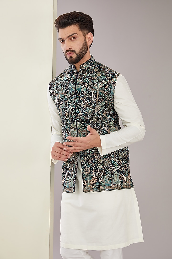 Multi-Colored Georgette Kashmiri Floral Embroidered Nehru Jacket by Kasbah Clothing at Pernia's Pop Up Shop