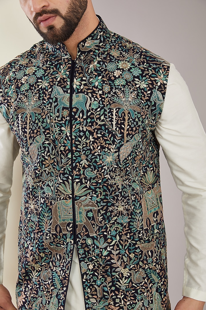 Multi-Colored Georgette Kashmiri Floral Embroidered Nehru Jacket by Kasbah Clothing at Pernia's Pop Up Shop