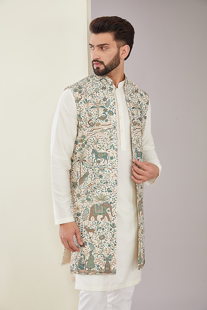 Multi-Colored Georgette Kashmiri Floral Embroidered Indo-Western Jacket by Kasbah Clothing at Pernia's Pop Up Shop