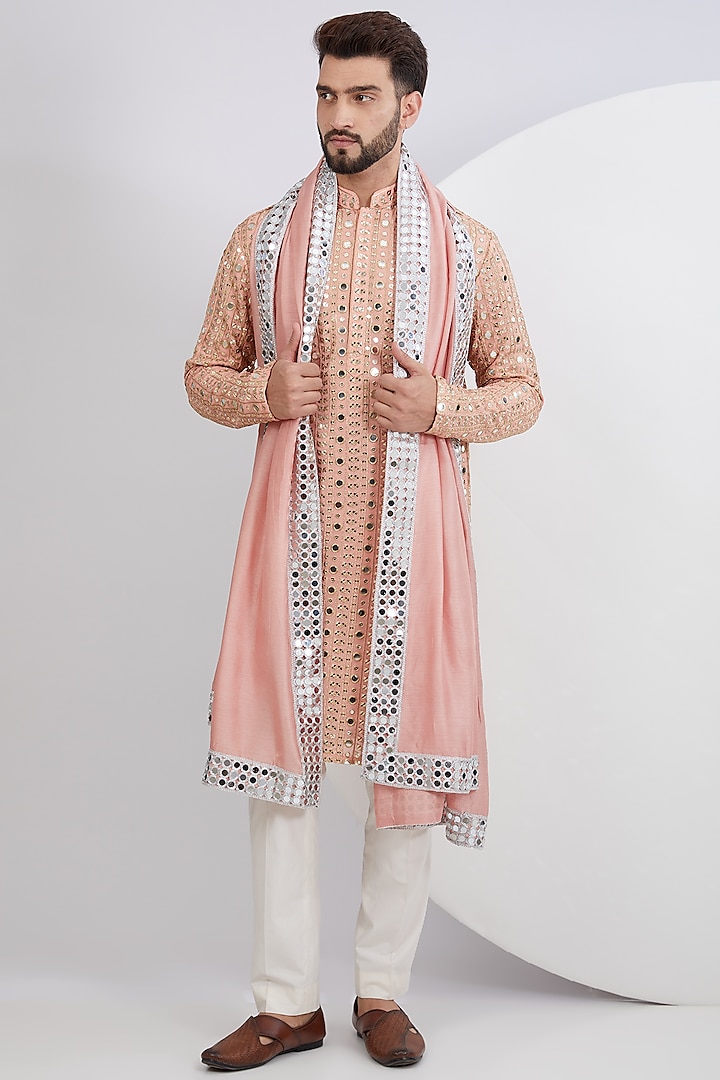 Peach Georgette Mirror Embroidered Kurta Set With Stole by Kasbah Clothing