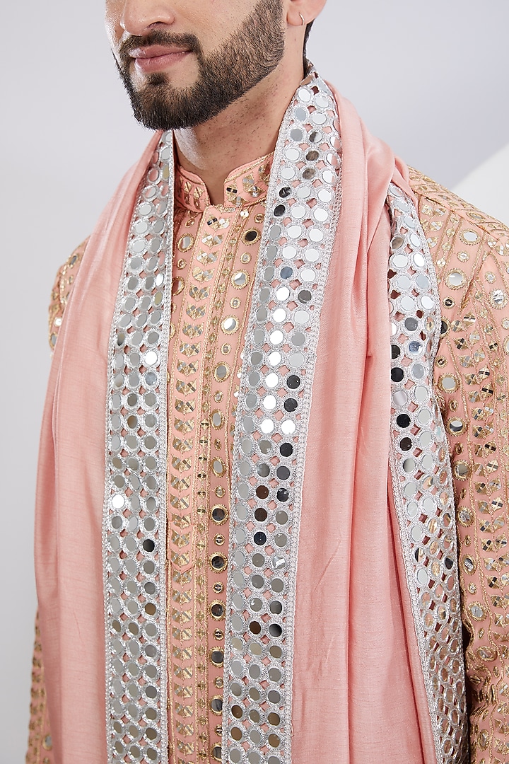 Peach Georgette Mirror Embroidered Kurta Set With Stole by Kasbah Clothing at Pernia's Pop Up Shop