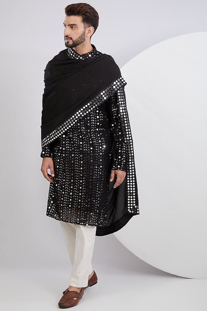 Black Georgette Mirror Embroidered Kurta Set With Stole by Kasbah Clothing
