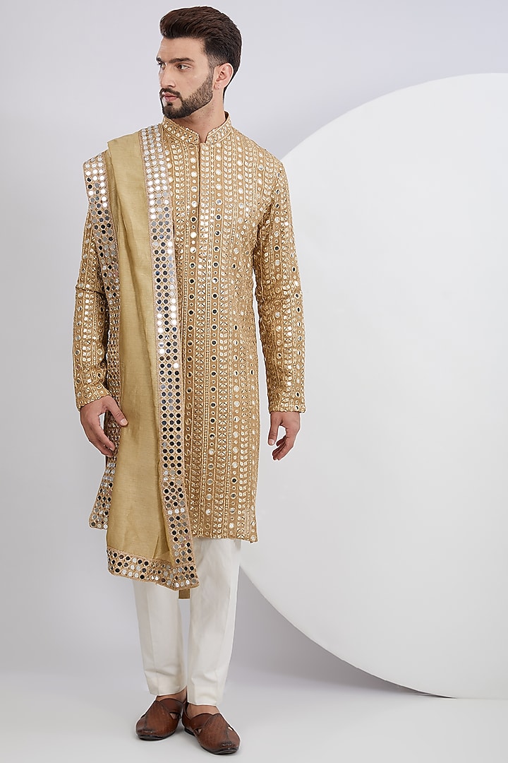 Copper Georgette Mirror Embroidered Kurta Set With Stole by Kasbah Clothing