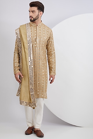 Copper Georgette Mirror Embroidered Kurta Set With Stole by Kasbah Clothing